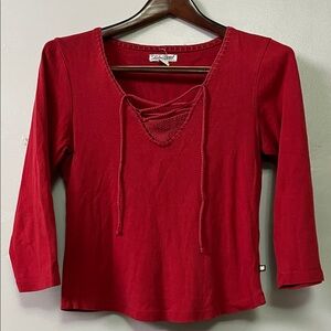 Y2K Lucky Brand Red 3/4 Sleeve Cotton V-Neck Top with Tie Front
